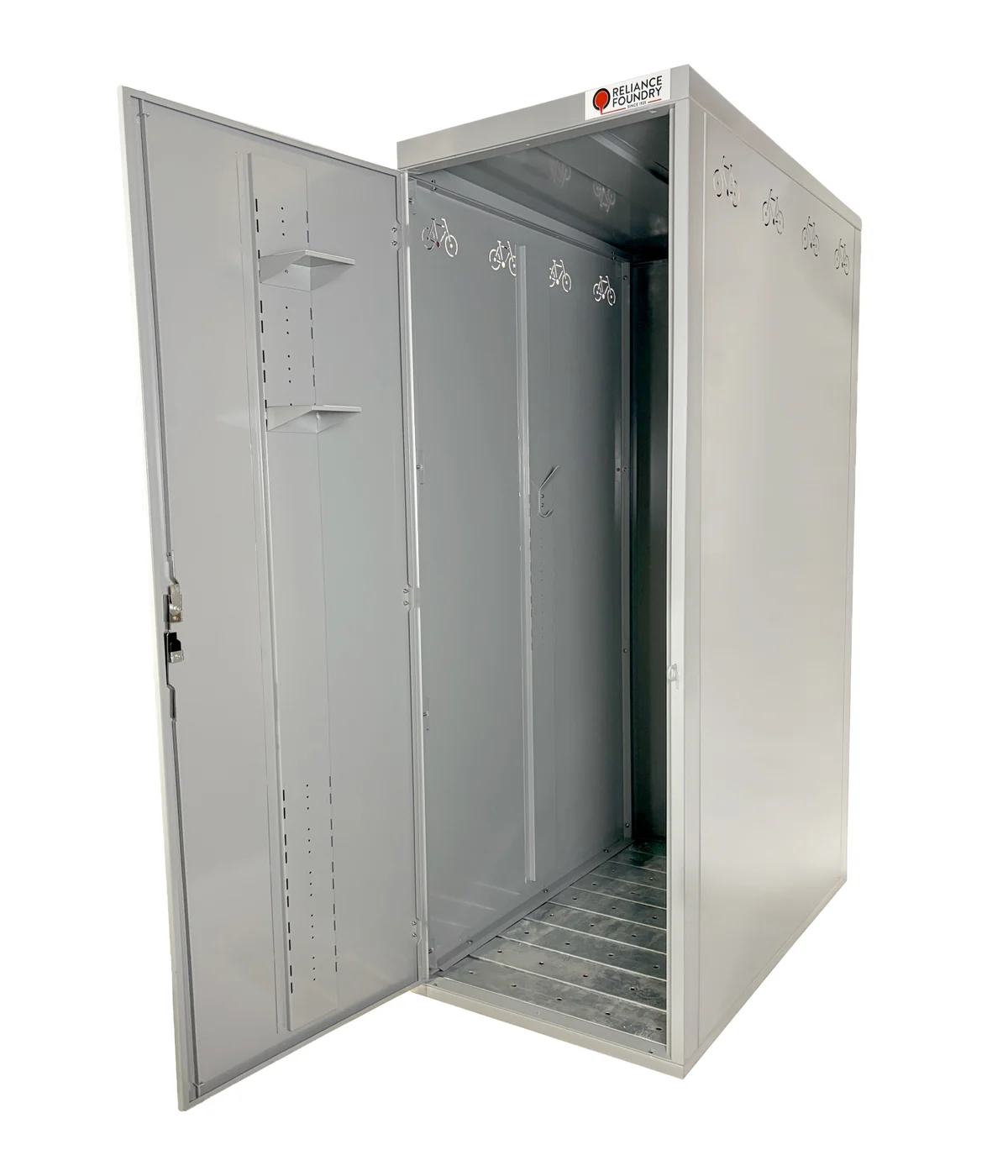 Bike locker with door open showing the interior