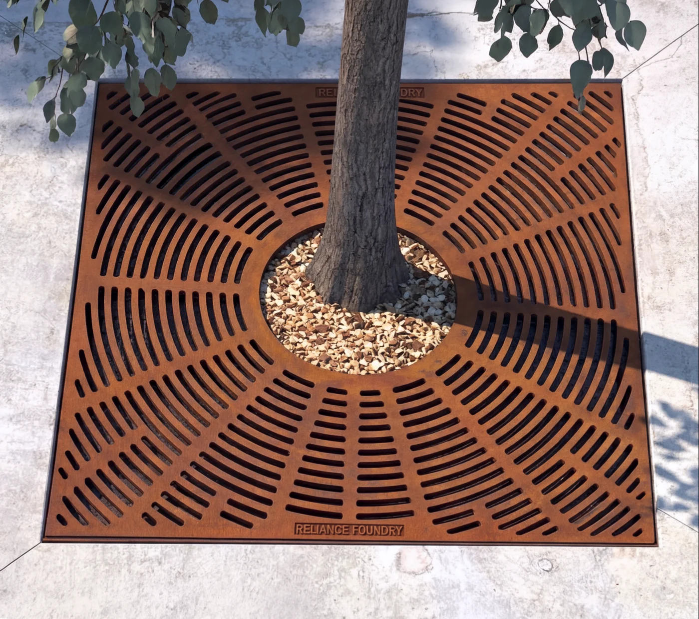 Cast iron tree grate around a tree on a concrete plaza