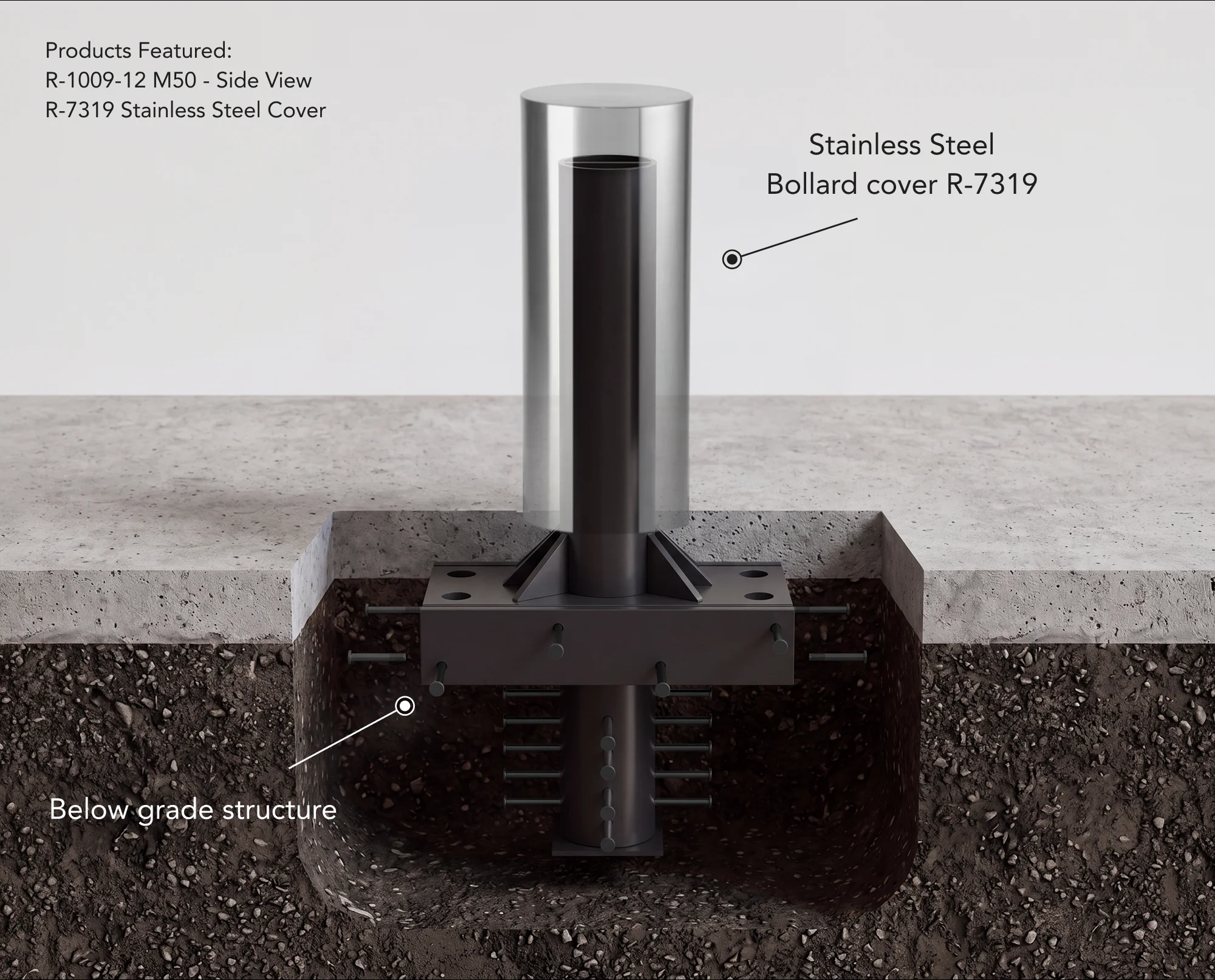 R-1009-12 M50 bollard cutaway showing the stainless cover and below grade structure
