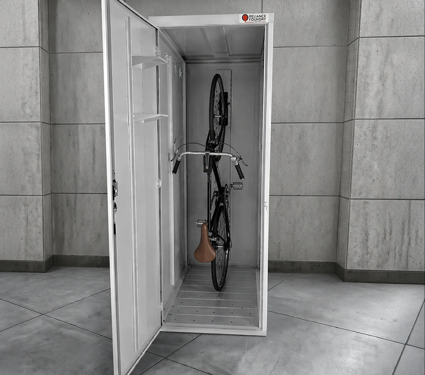 Bike hung vertically inside a Reliance locker