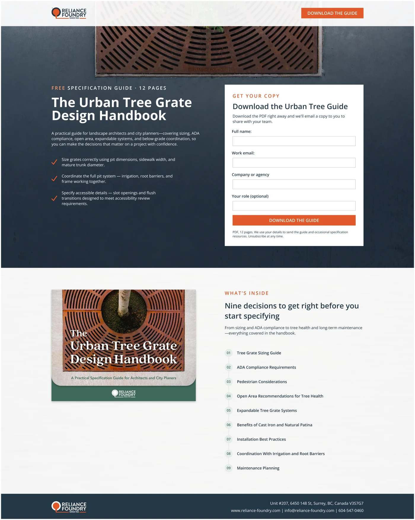 Urban Tree Grate Design Handbook lead magnet page with a download form and a list of what is inside