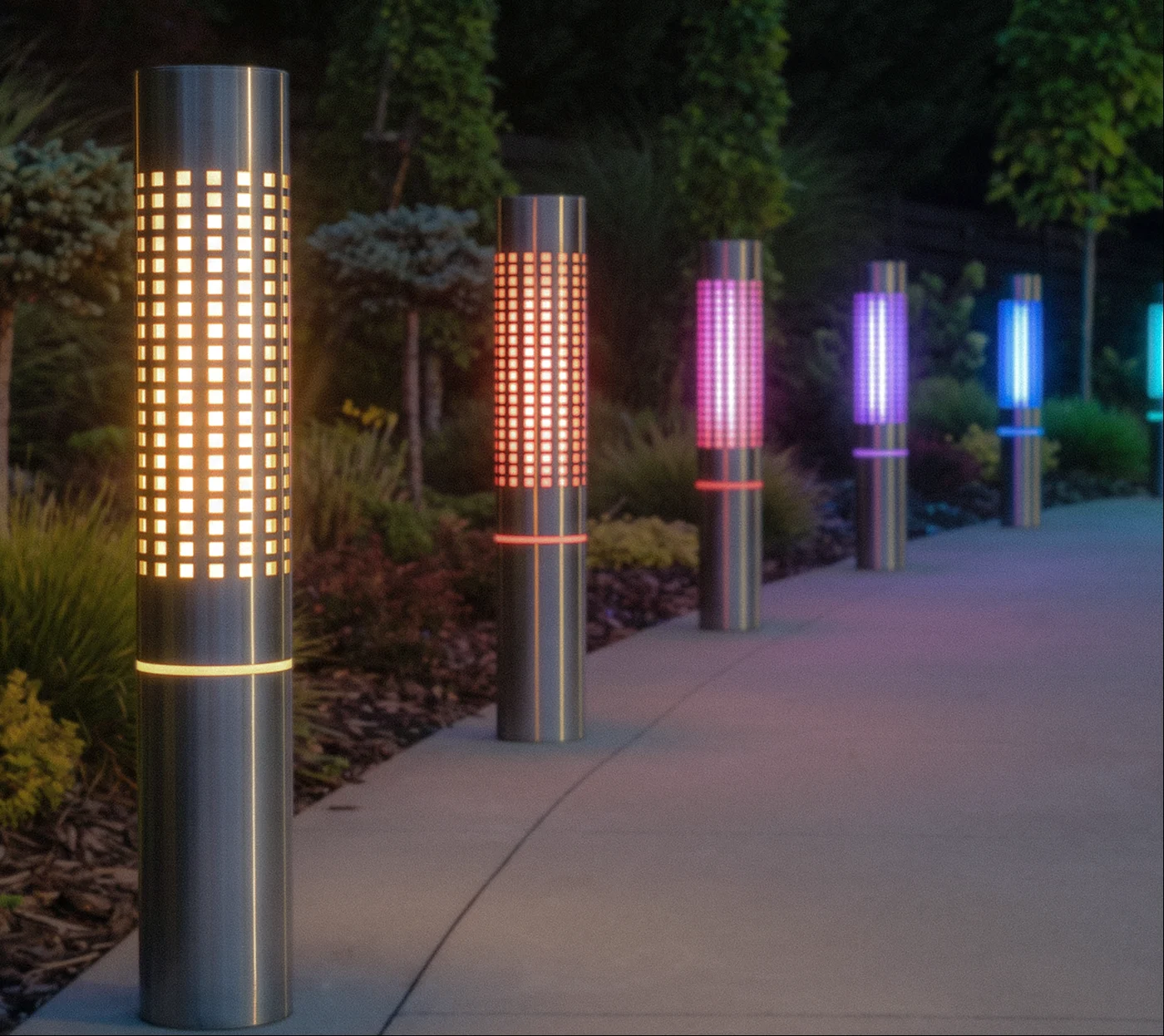 Stainless LED bollards lighting a garden path at night