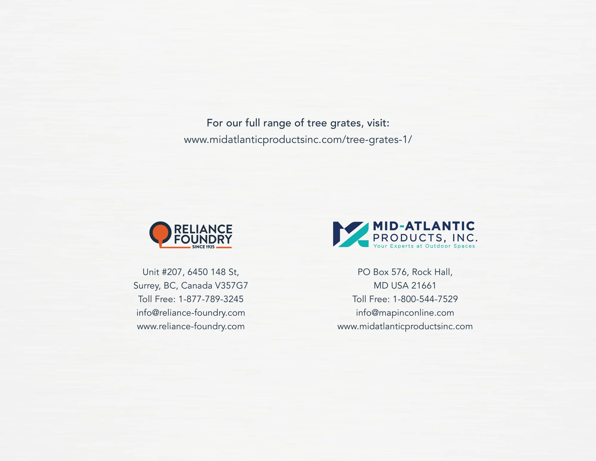 Back cover with Reliance Foundry and Mid-Atlantic Products contact details