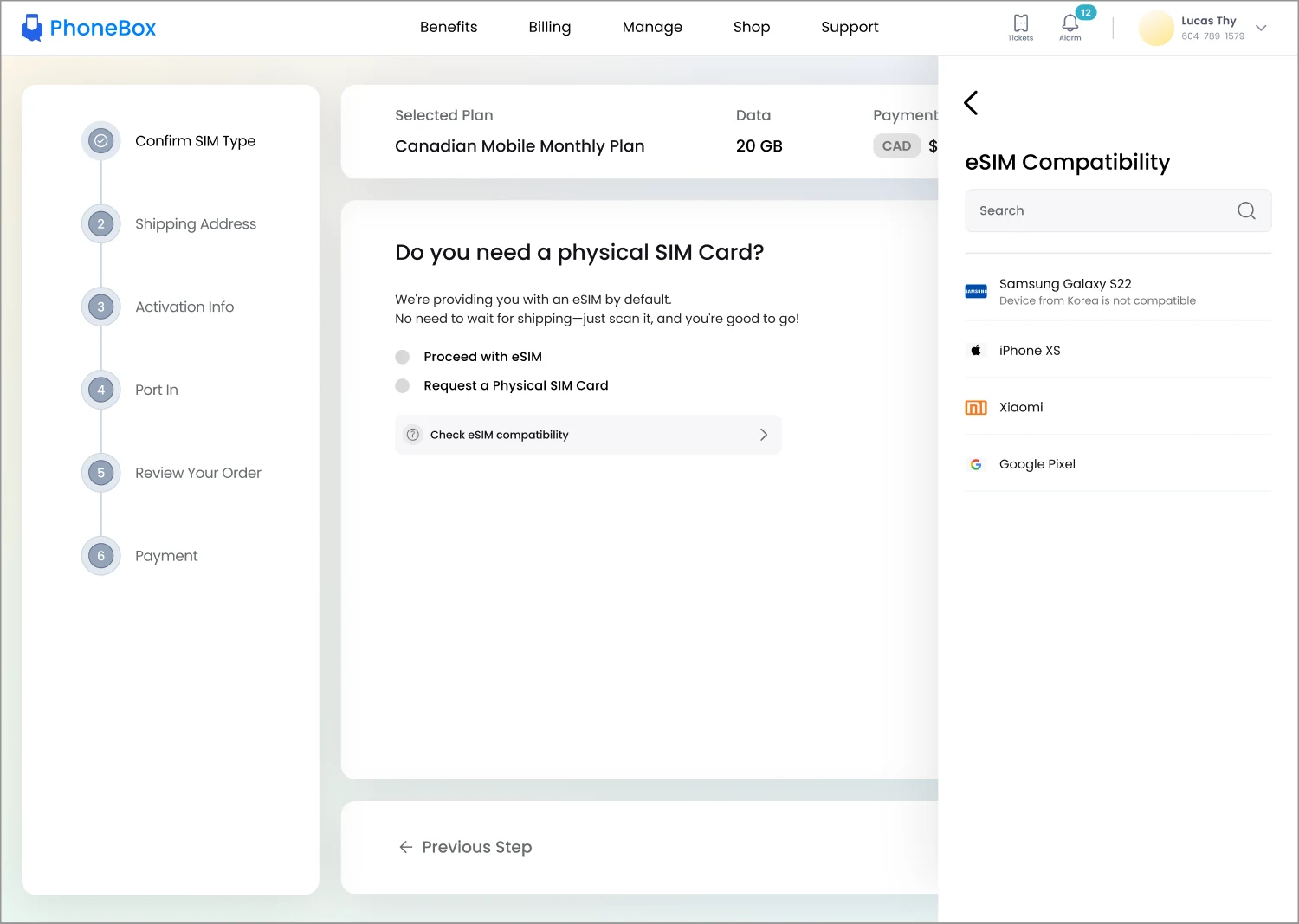 eSIM compatibility drawer wireframe