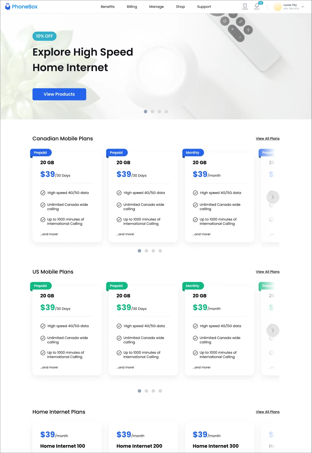 Shop landing page with Canadian, US and home internet plans