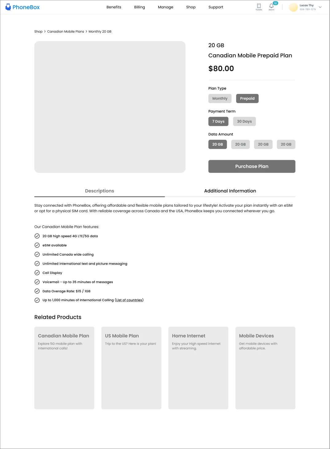 Plan product page wireframe