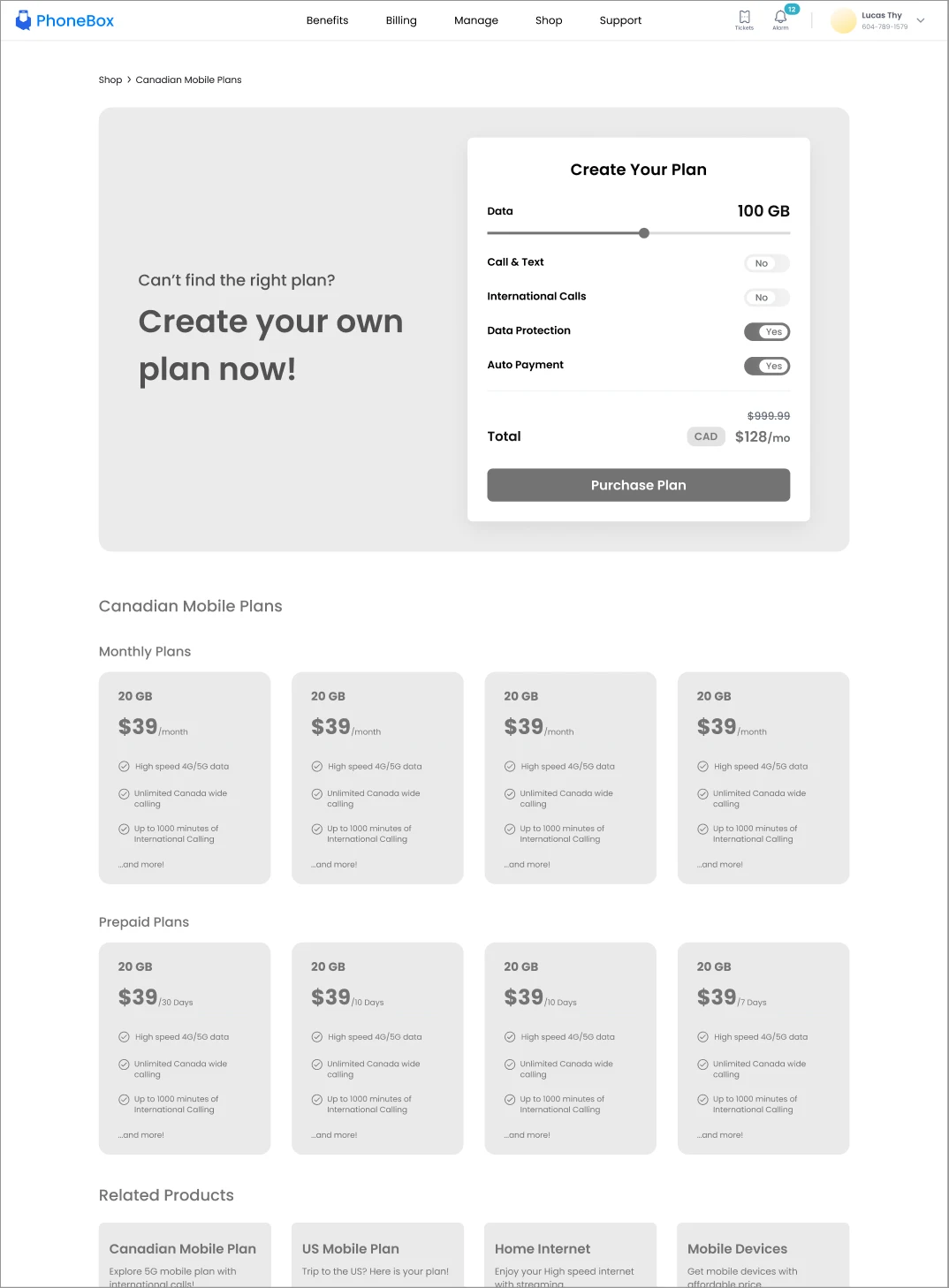 Plans page wireframe