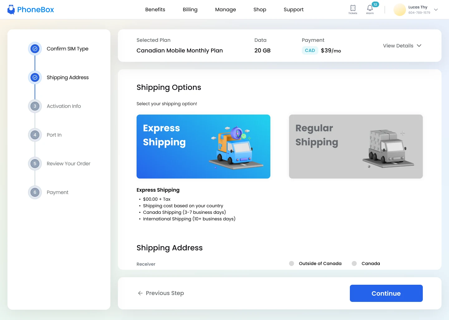 Shipping options step