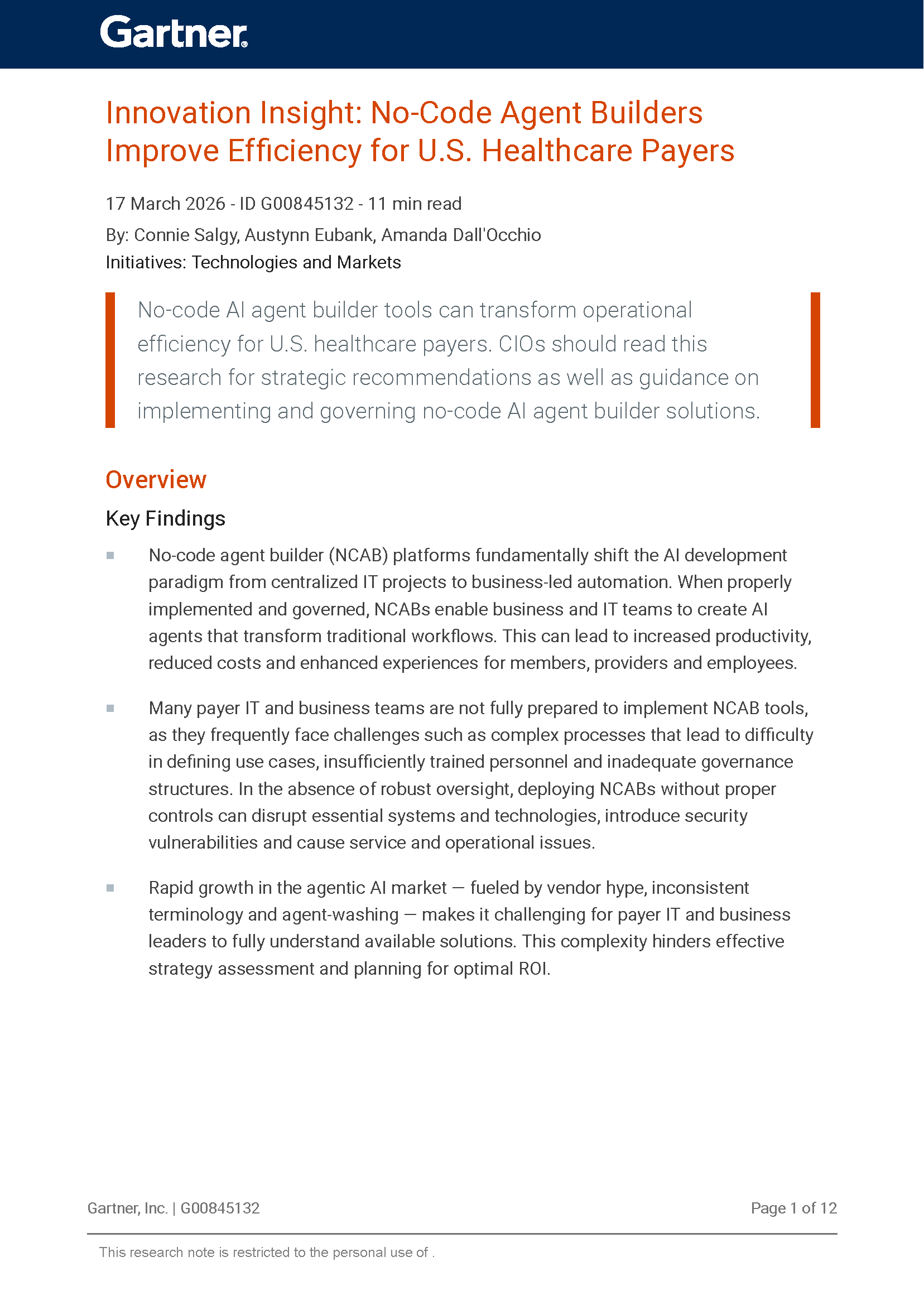 Innovation Insight: No-Code Agent Builders Improve Efficiency for U.S. Healthcare Payers