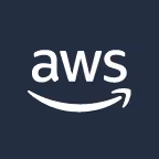 AWS logo with white text and a curved arrow on a dark blue background.