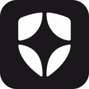 White abstract shield shape on black rounded square background.