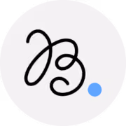 Black abstract cursive initials B with a small blue dot on a light gray circle background.