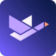 Stylized geometric bird logo with purple and orange shapes on a dark blue background.