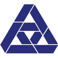 Abstract geometric logo with triangle shapes forming a larger triangular pattern in dark blue.