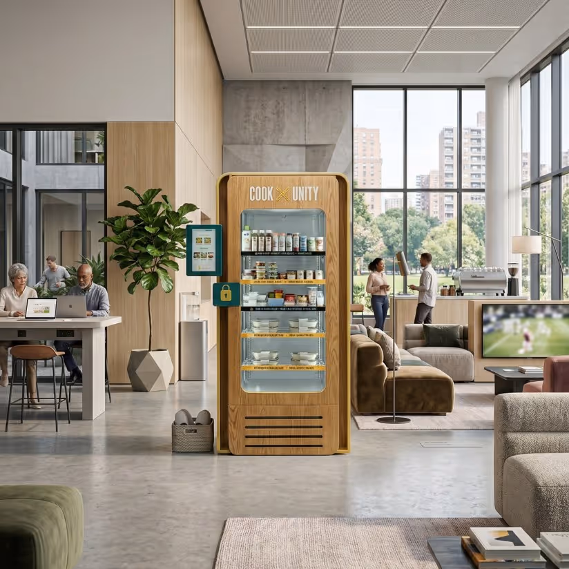 CookUnity Smart Fridge installed in a corporate office lobby for employee meals