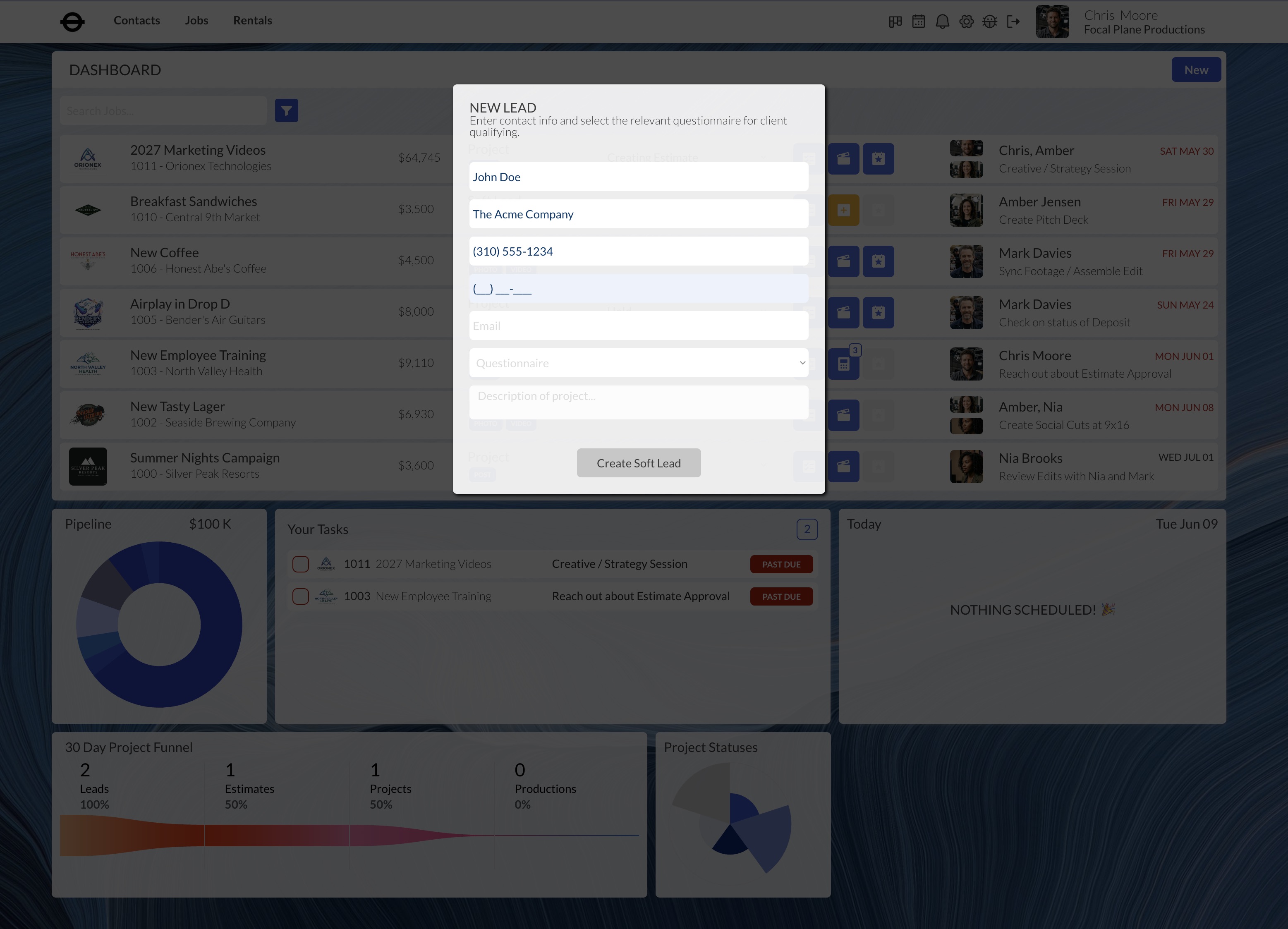 New Lead, entering customer info and questionnaire