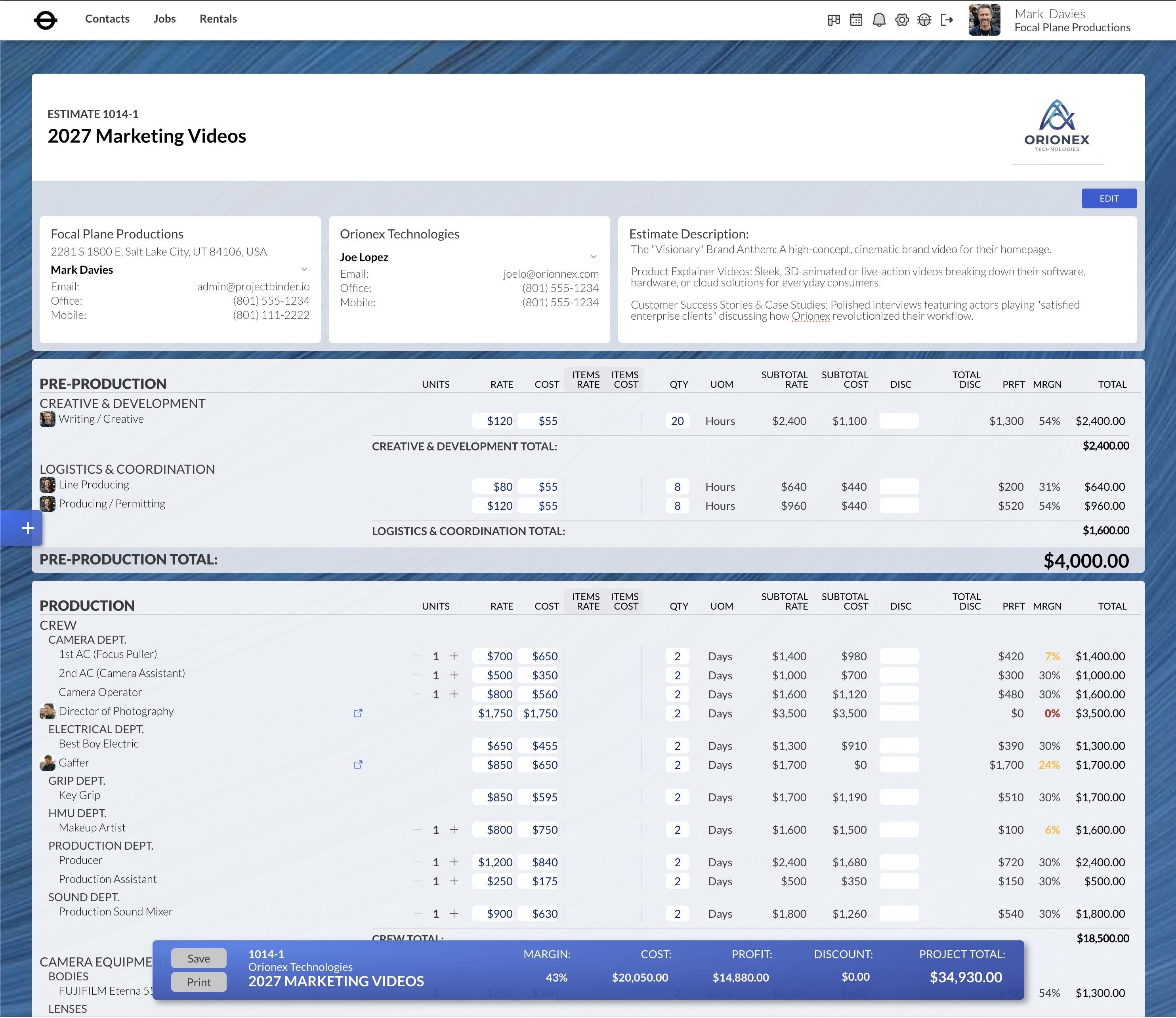 Estimate Builder spreadsheet with line items, subtotals, and floating total bar