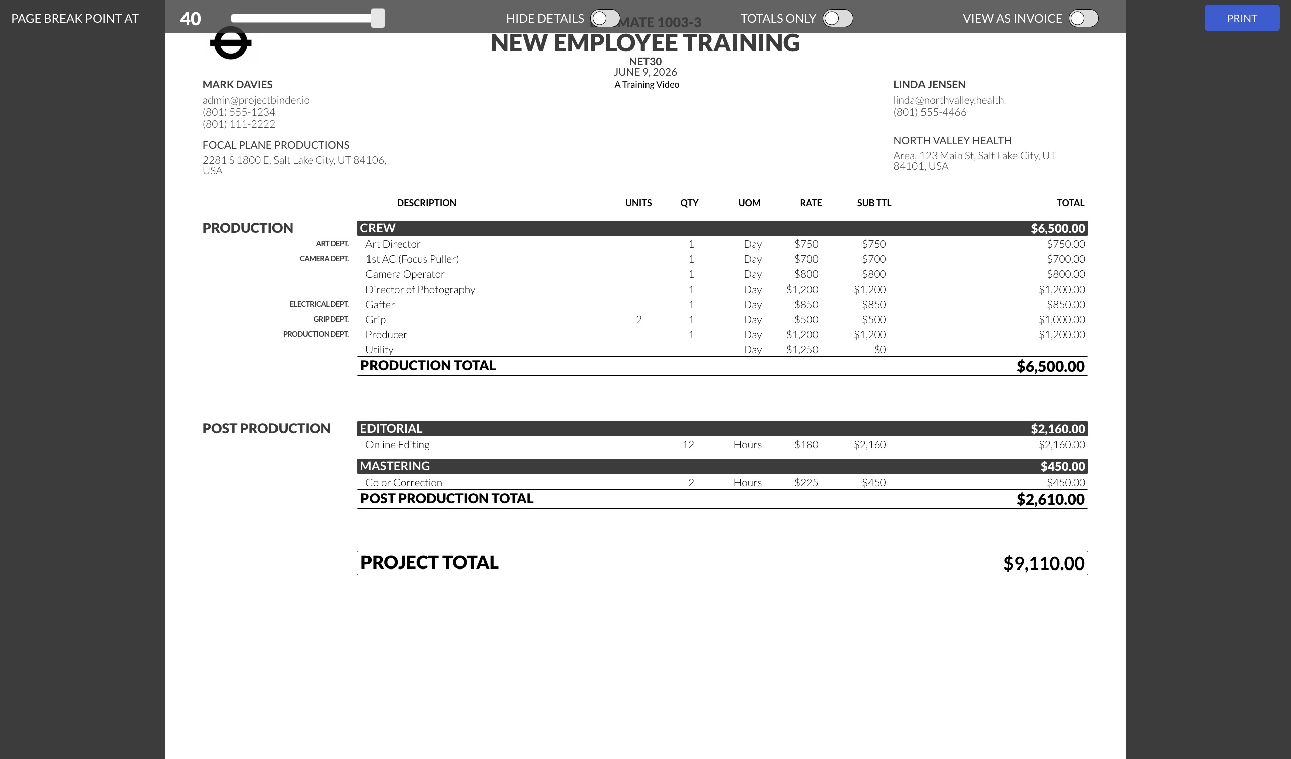 Estimate printout showing formatted PDF with line items, subtotals, and terms