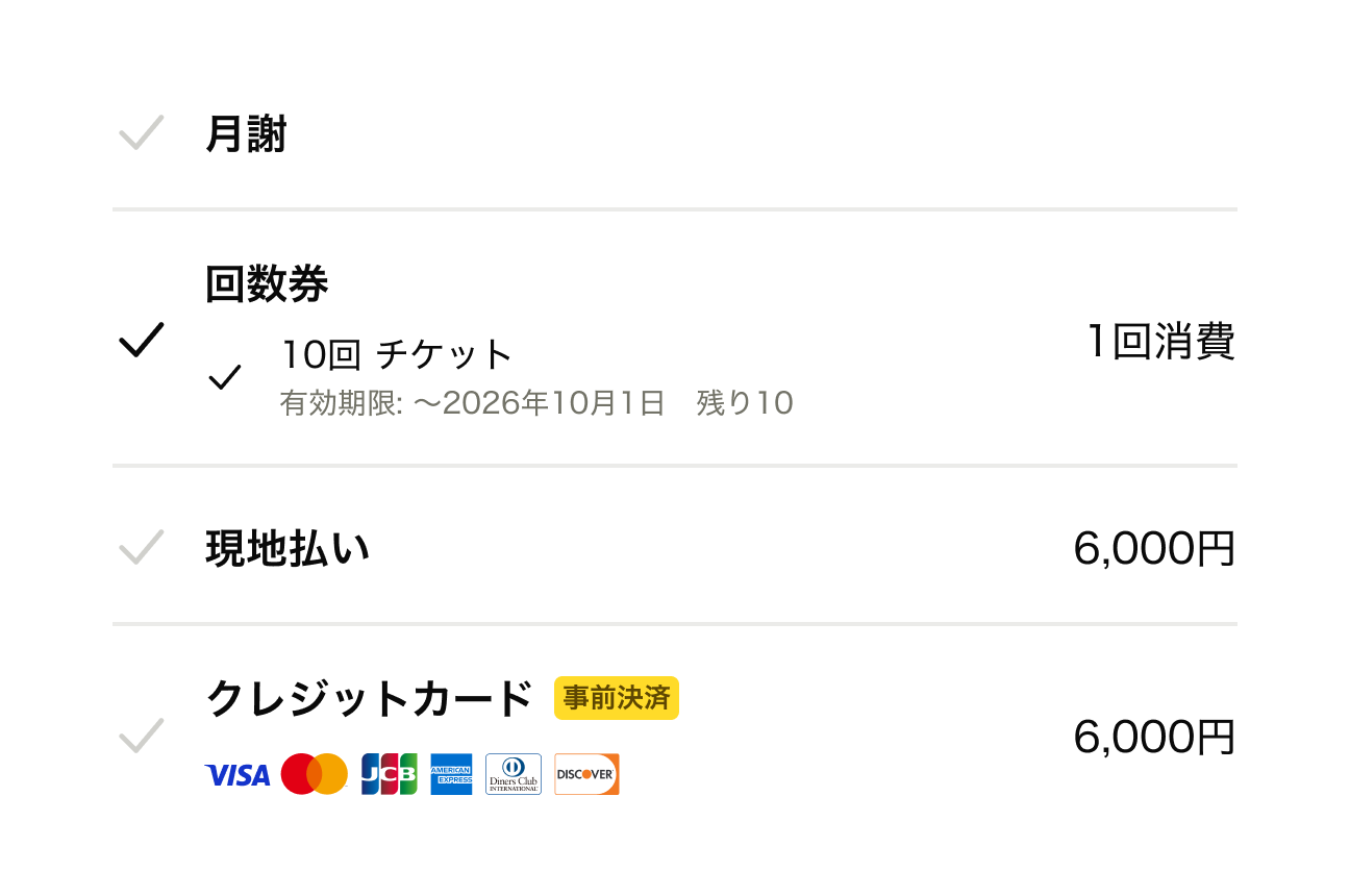 支払い管理 回数券の残数管理、月会費の支払い管理が自動化。
