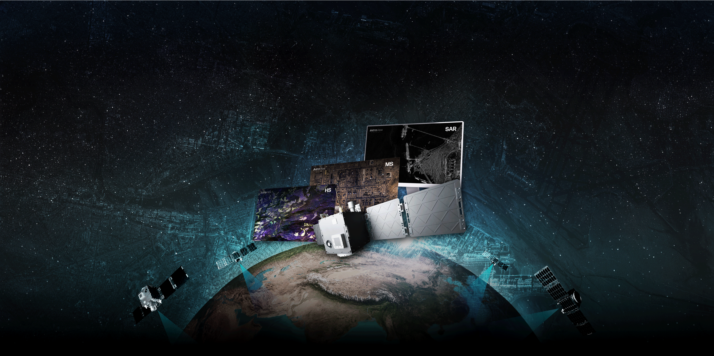 Illustration of a satellite orbiting Earth with four different satellite imagery types labeled RF, HS, MS, and SAR displayed above it.
