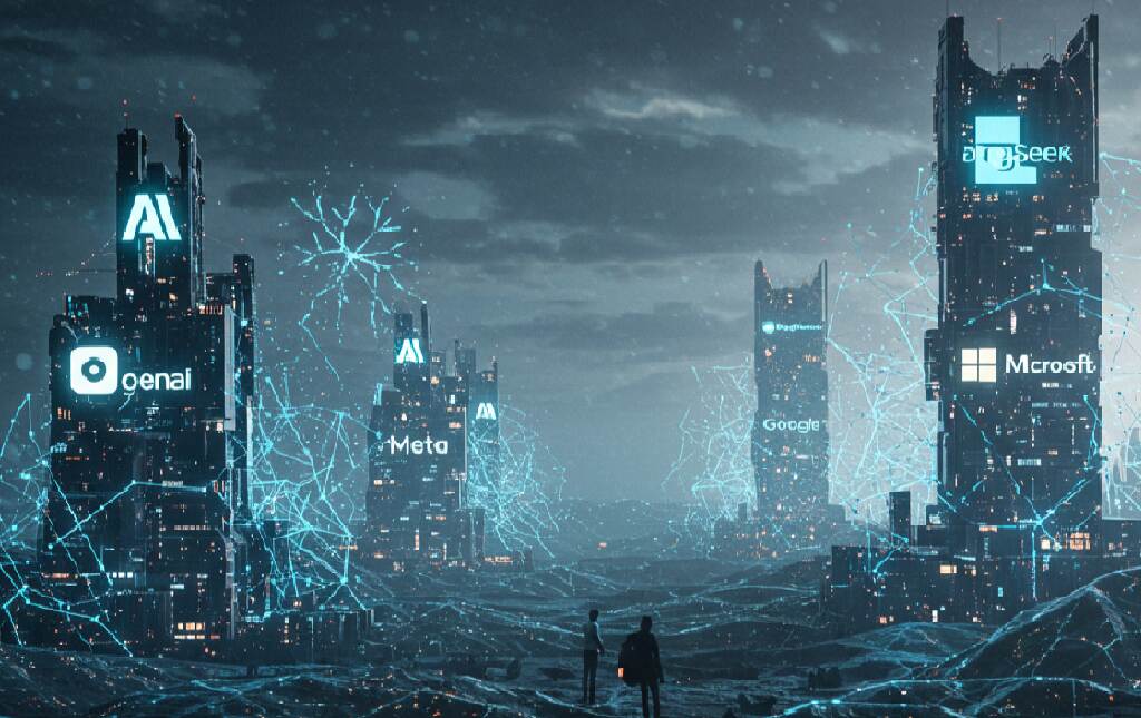 Futuristic illustration depicting the battle for AI supremacy between tech giants like Microsoft, Google, and OpenAI.