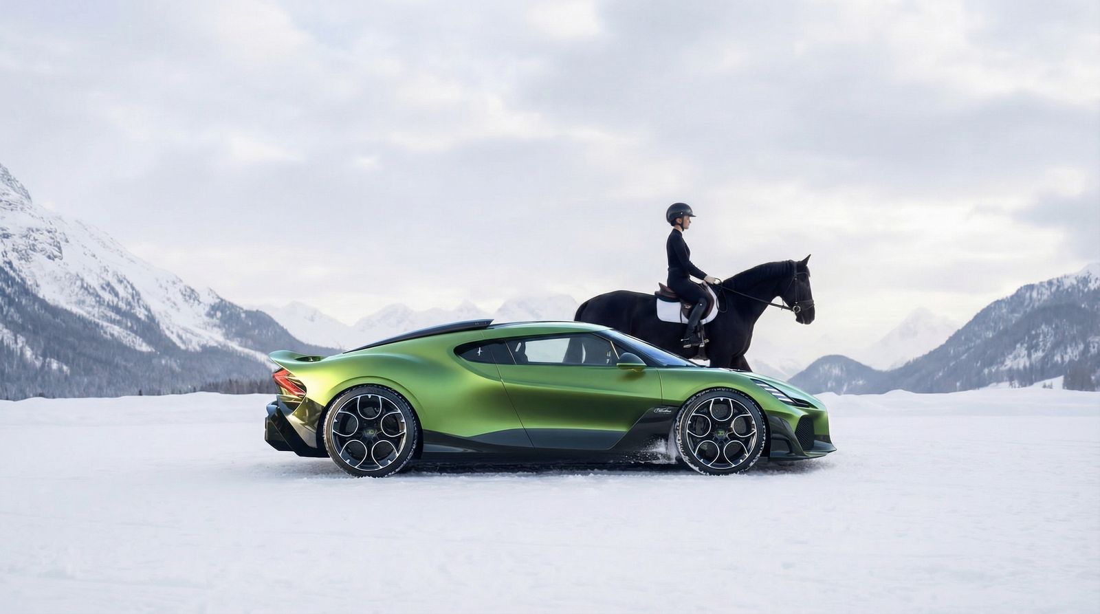 Hypercar verte sur un lac gelé avec une cavalière, montagnes enneigées, image IA