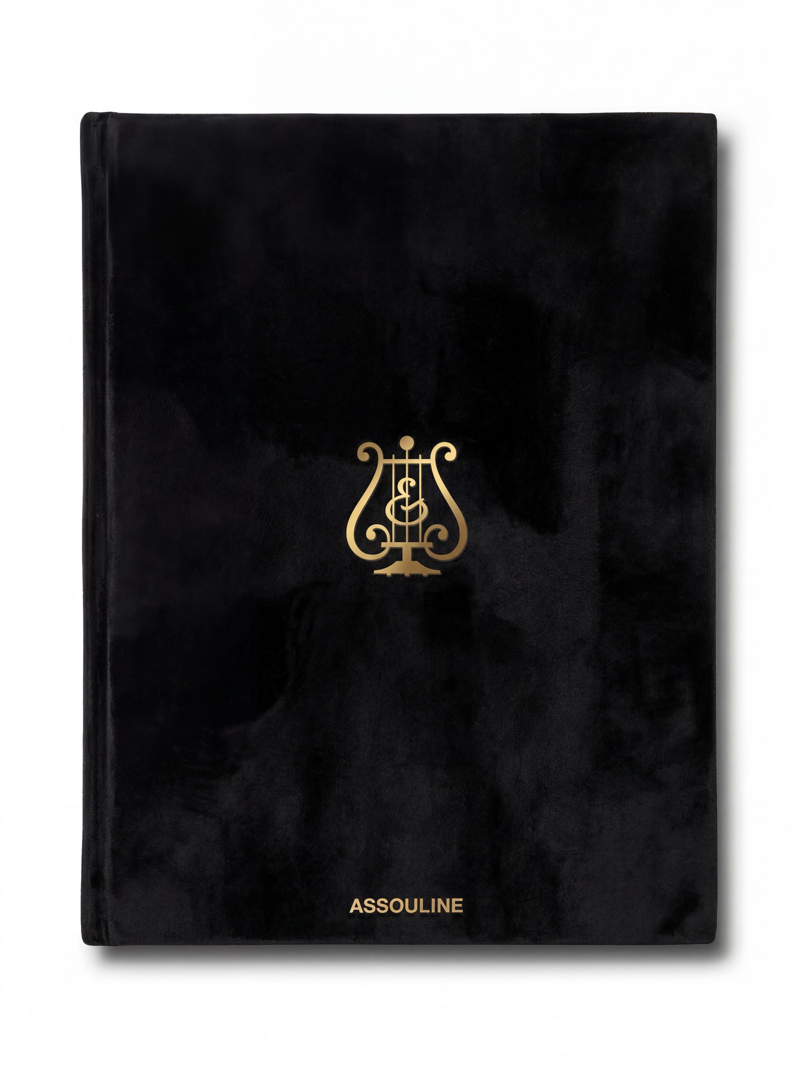 Packshot d'un livre en velours noir à lyre dorée, image IA