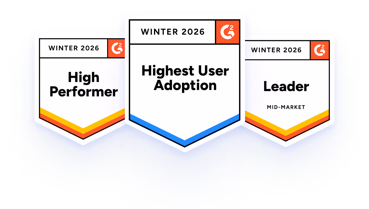 Three G2 badges for Winter 2026: High Performer, Highest User Adoption, and Leader Mid-Market.