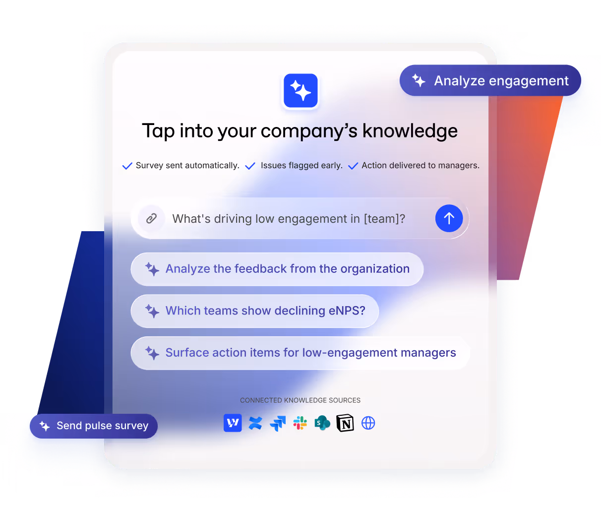 User interface screen with options to analyze employee engagement by tapping into company knowledge, sending pulse surveys, and surfacing action items for managers.