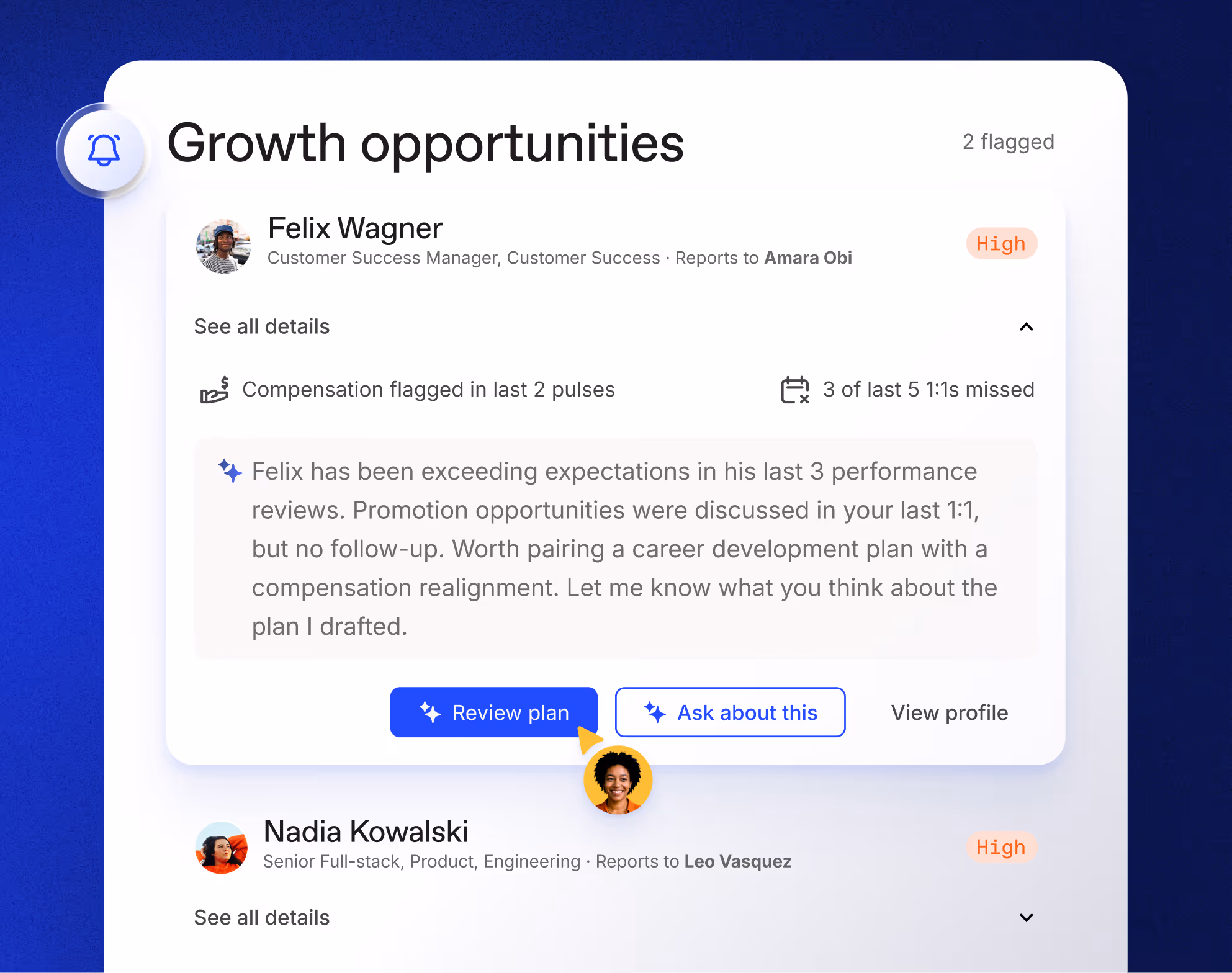 Tableau de bord Workleap affichant les opportunités de croissance avec des alertes importantes.