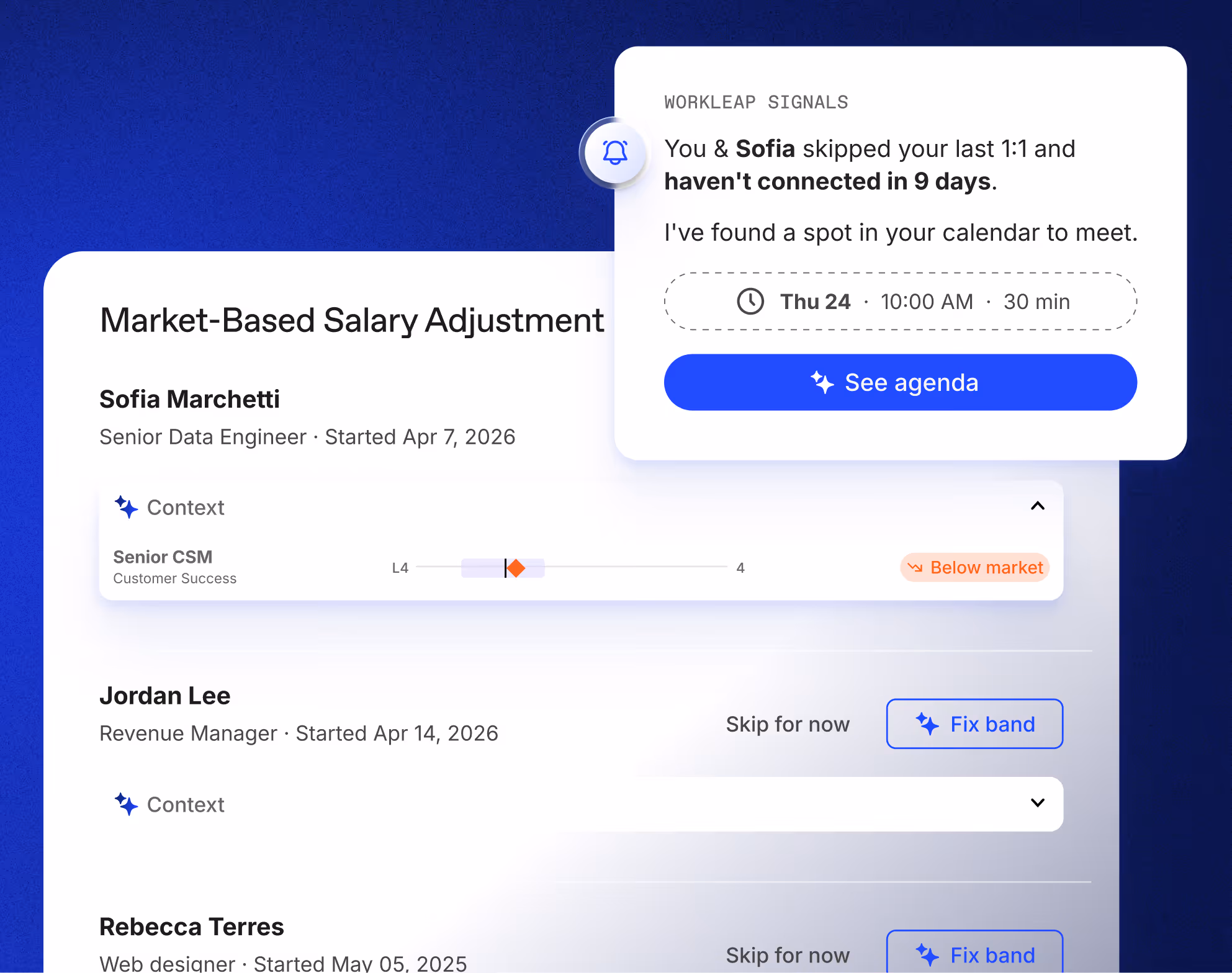 Écran d'ajustement salarial Workleap affichant les détails de l'employé et un rappel de réunion pour Sofia.