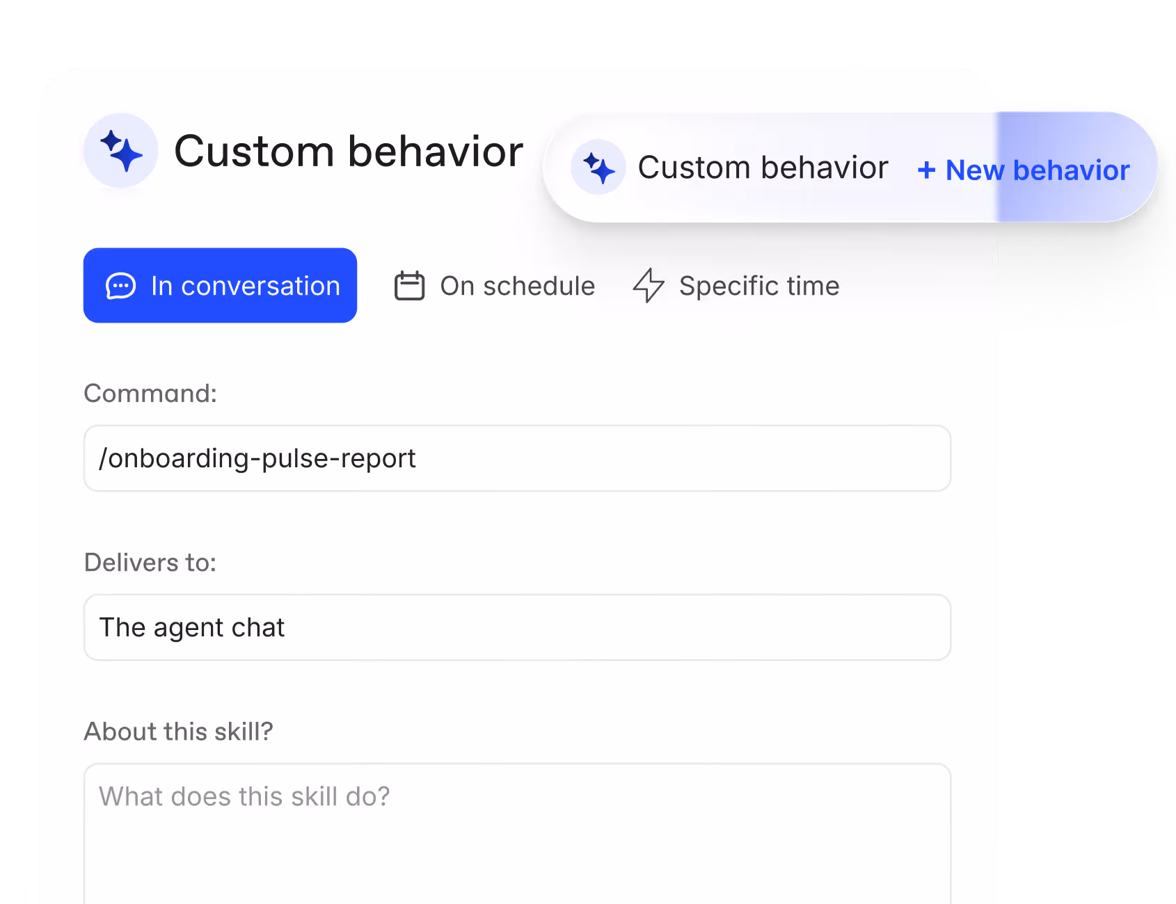 User interface for creating a new custom skill with trigger options and command input field visible.