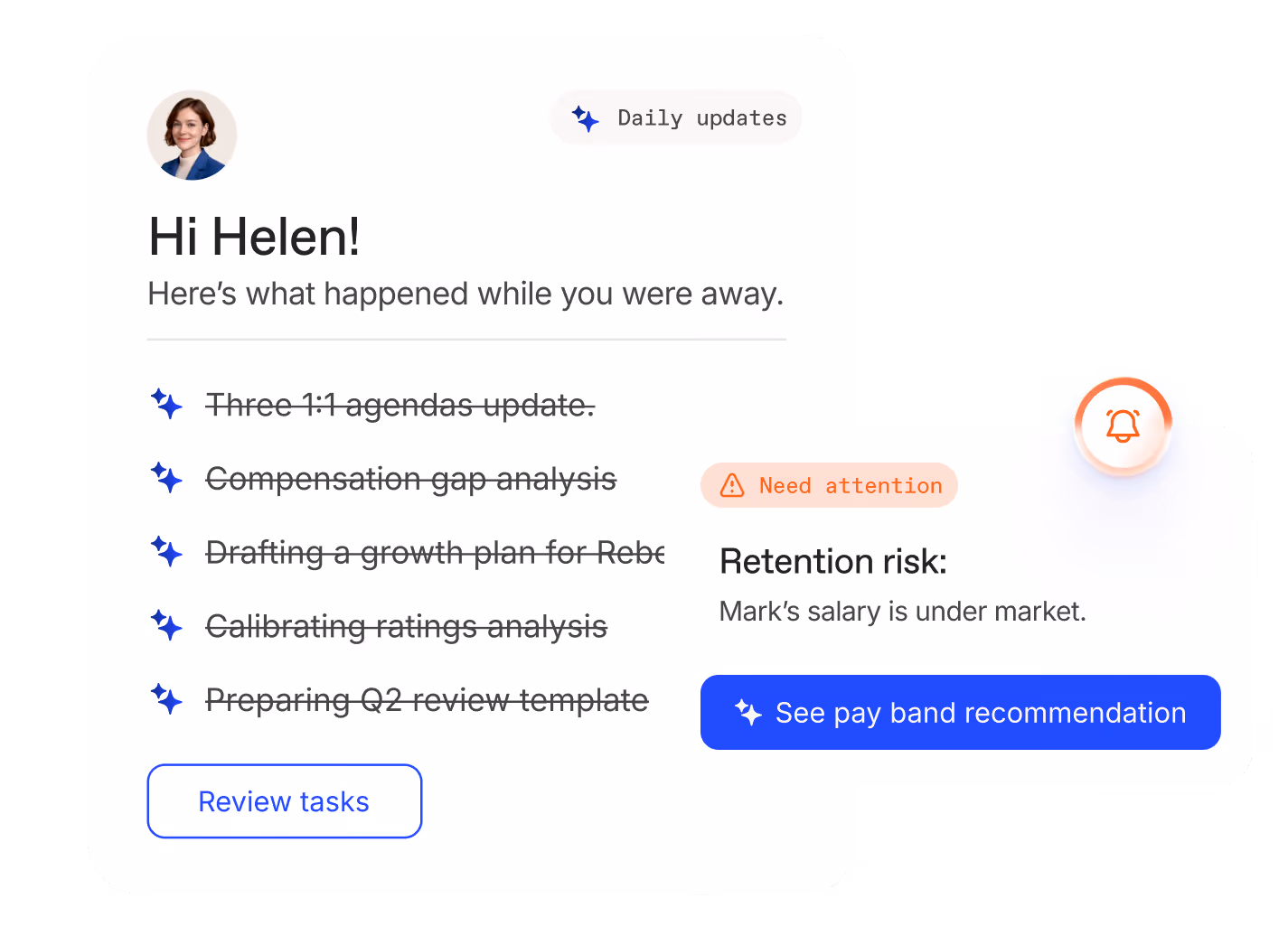 Daily update greeting Helen with completed task list and retention risk alert about Mark's salary.
