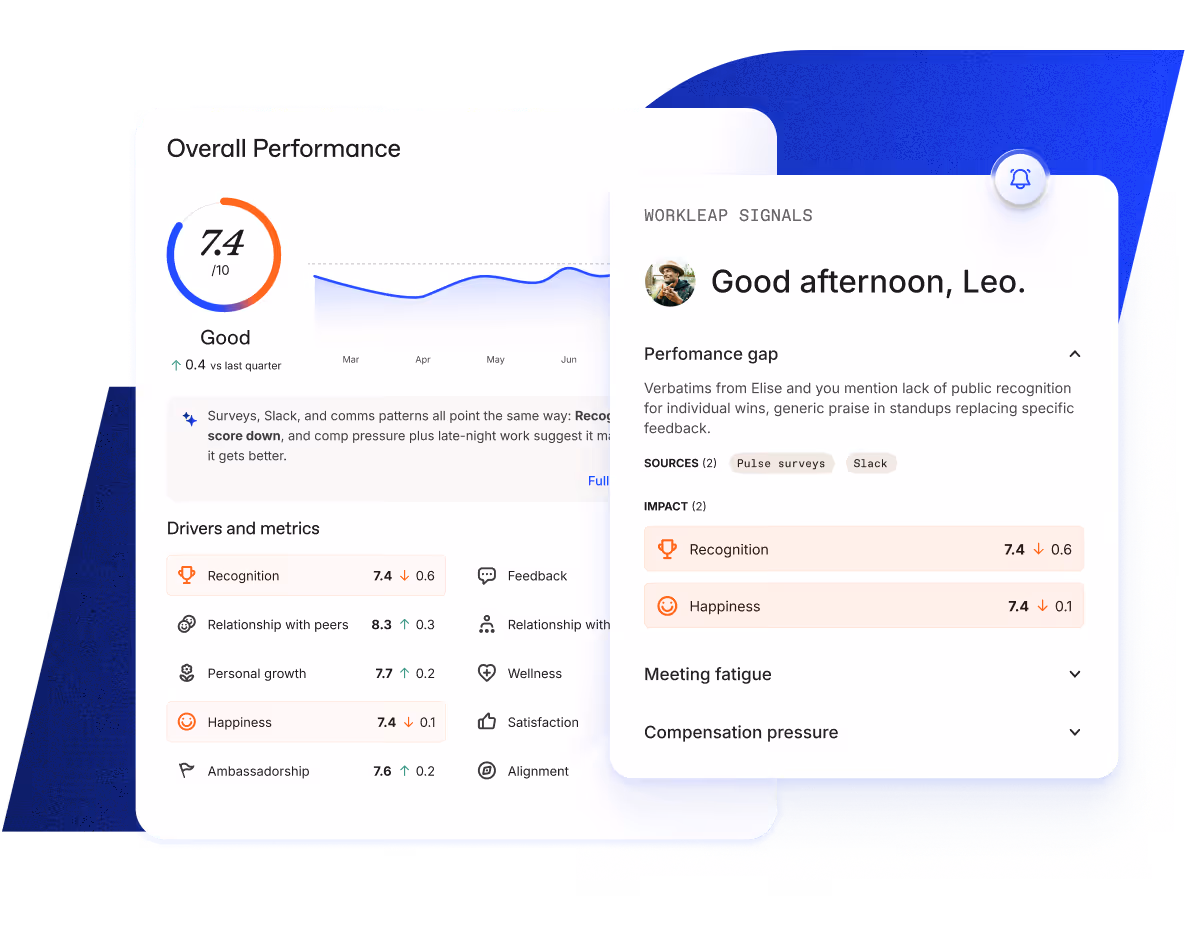 User interface screen with options to analyze employee engagement by tapping into company knowledge, sending pulse surveys, and surfacing action items for managers.