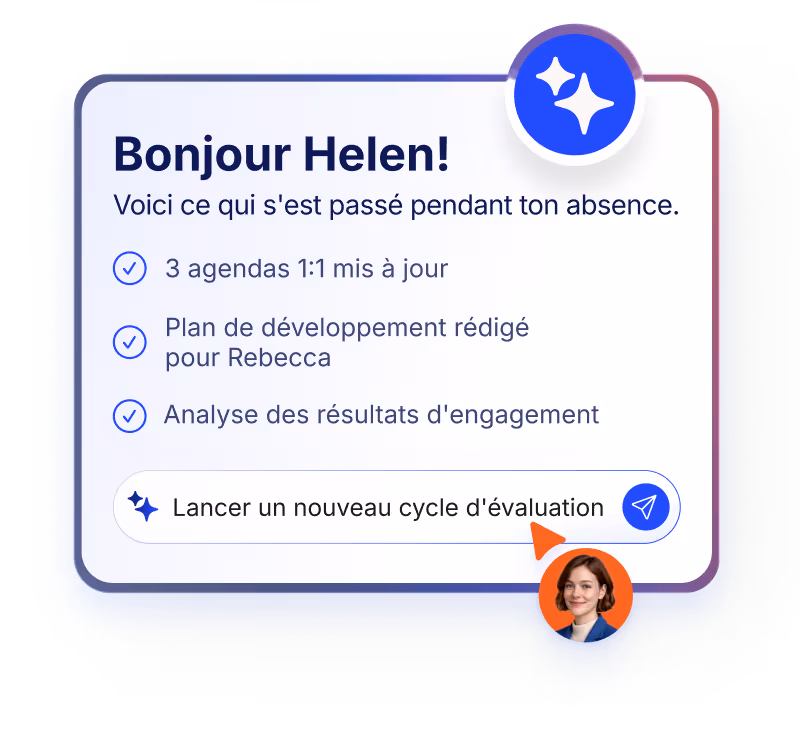 Task summary card showing Helen's updates: 3 agendas updated, plan for Rebecca, engagement analysis.
