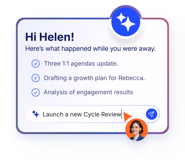 Message to Helen listing three updates and a prompt to launch a new Cycle Review with user photo.