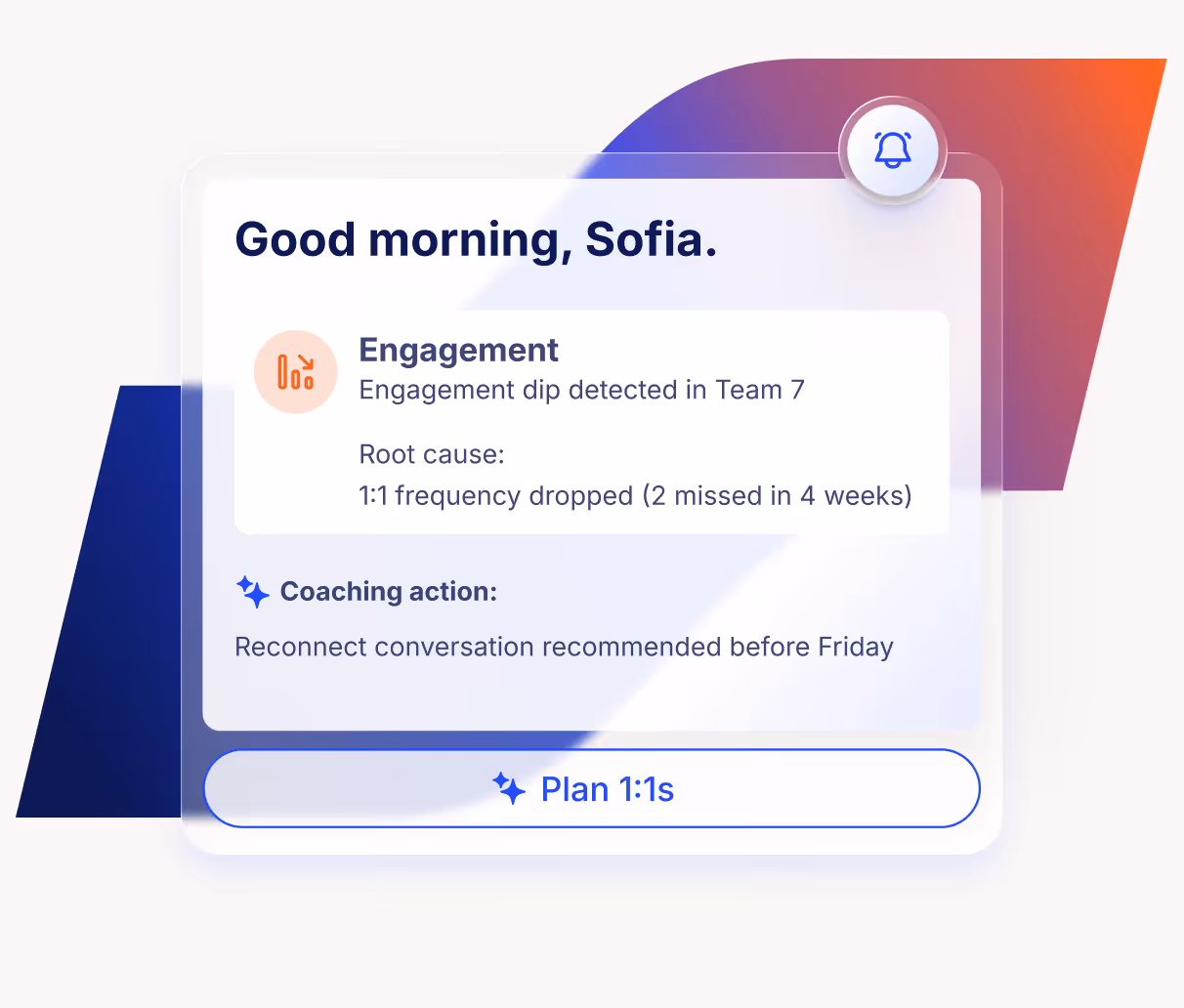 User interface screen with options to analyze employee engagement by tapping into company knowledge, sending pulse surveys, and surfacing action items for managers.