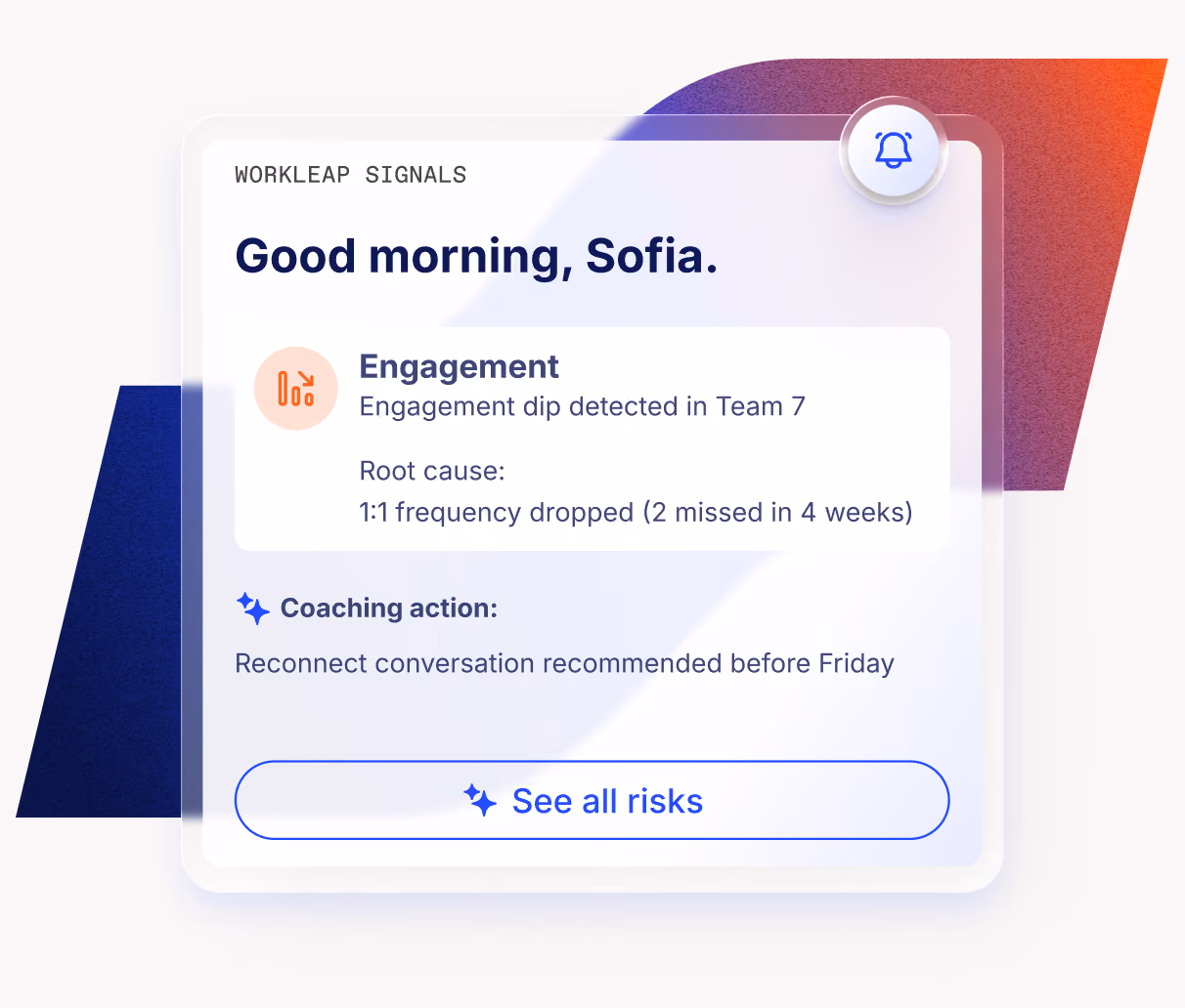 User interface screen with options to analyze employee engagement by tapping into company knowledge, sending pulse surveys, and surfacing action items for managers.