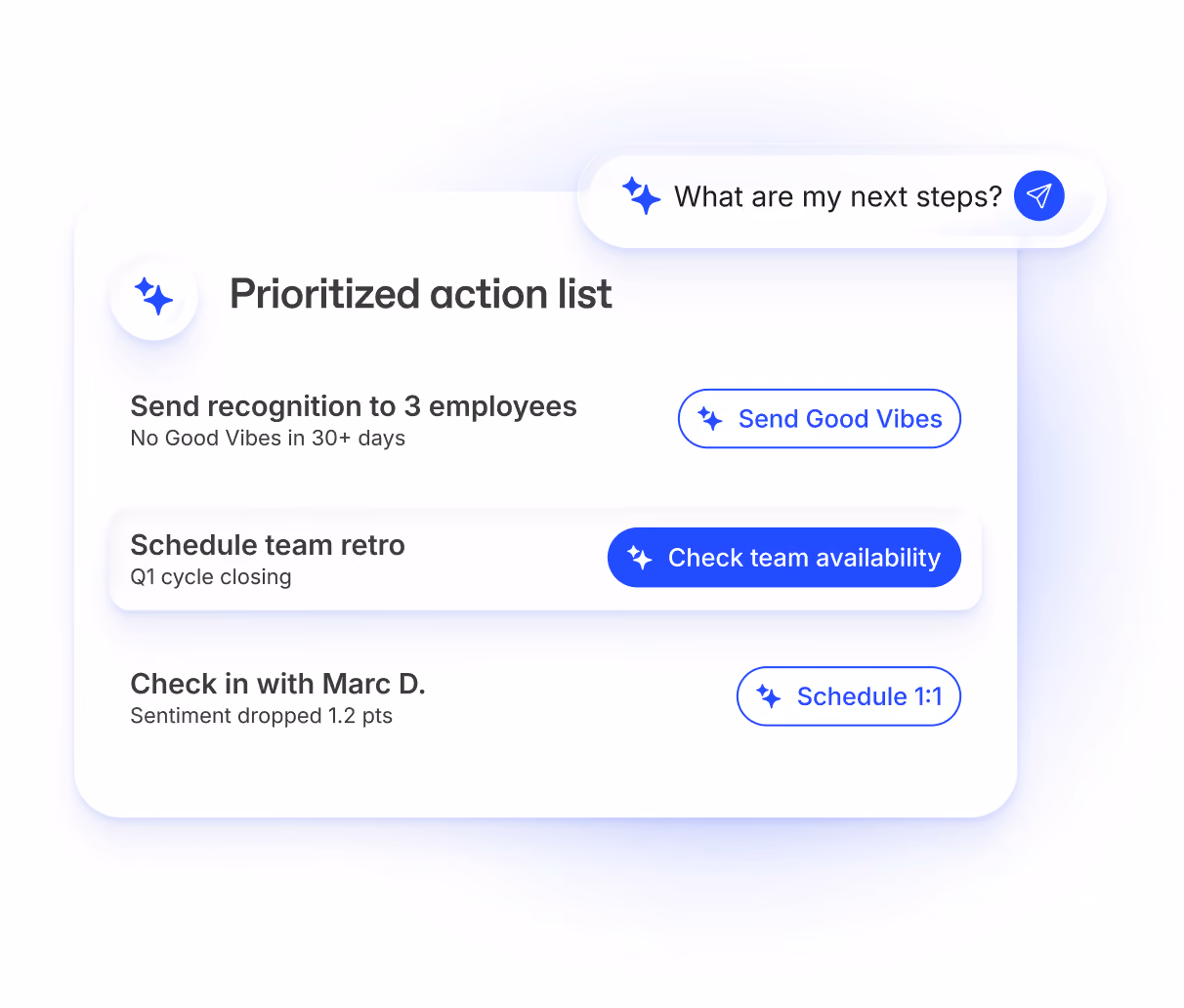 User interface screen with options to analyze employee engagement by tapping into company knowledge, sending pulse surveys, and surfacing action items for managers.