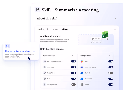 User interface for drafting a goal skill with custom instruction, additional context, and manager personalization toggle.