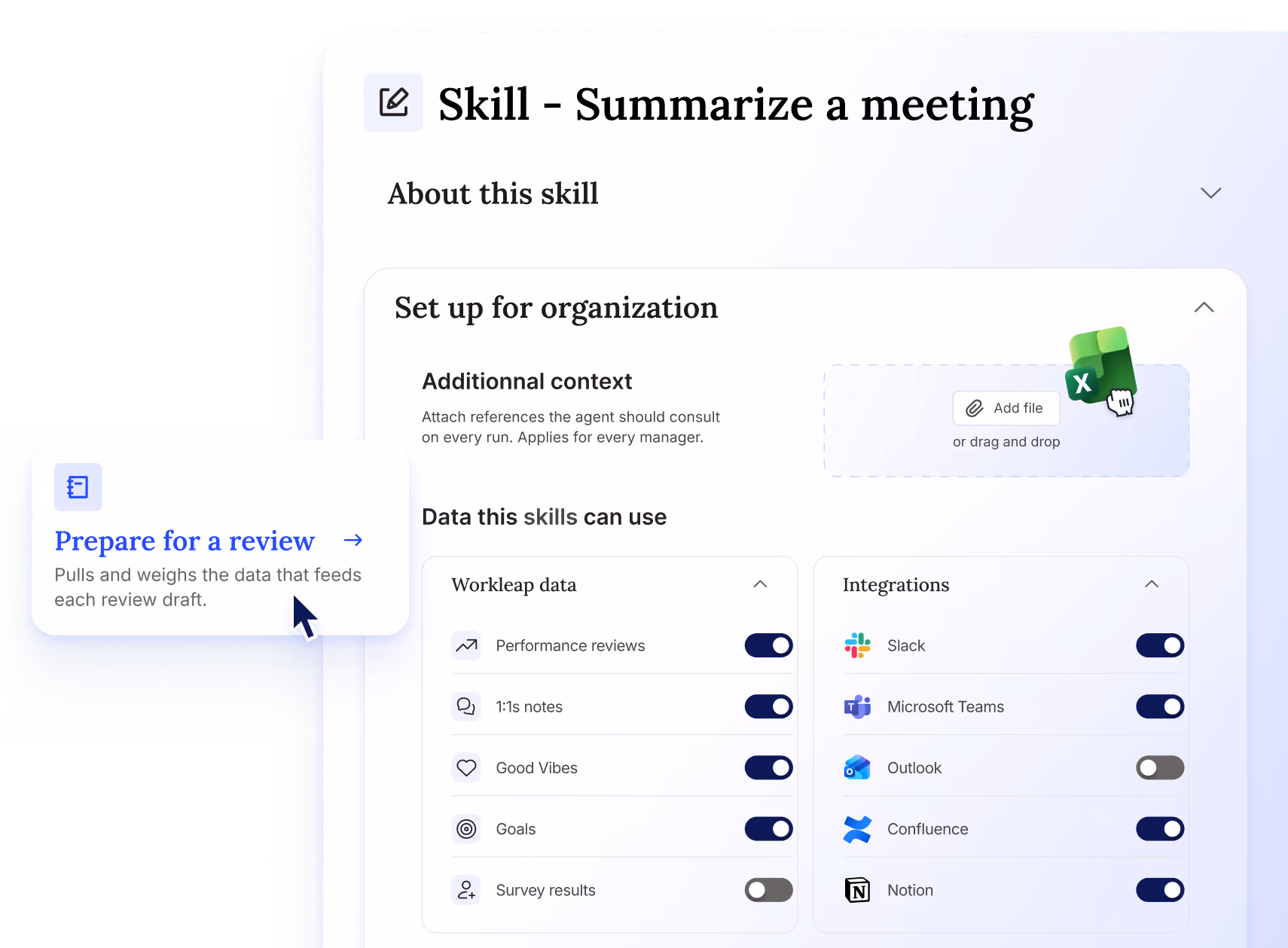 User interface for drafting a goal skill with custom instruction, additional context, and manager personalization toggle.