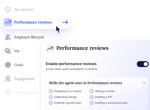HR software interface showing enabled performance reviews and related agent skills like drafting plans and reviews.