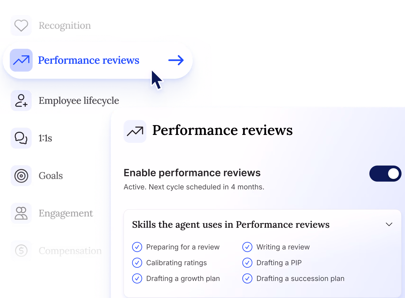 HR software interface showing enabled performance reviews and related agent skills like drafting plans and reviews.