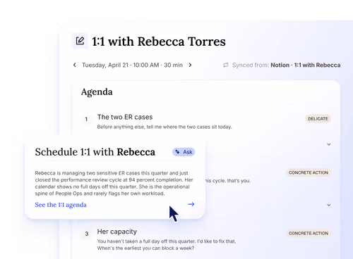 Schedule for 1:1 meeting with Rebecca Torres on April 21 at 10:00 AM for 30 minutes with talking points.