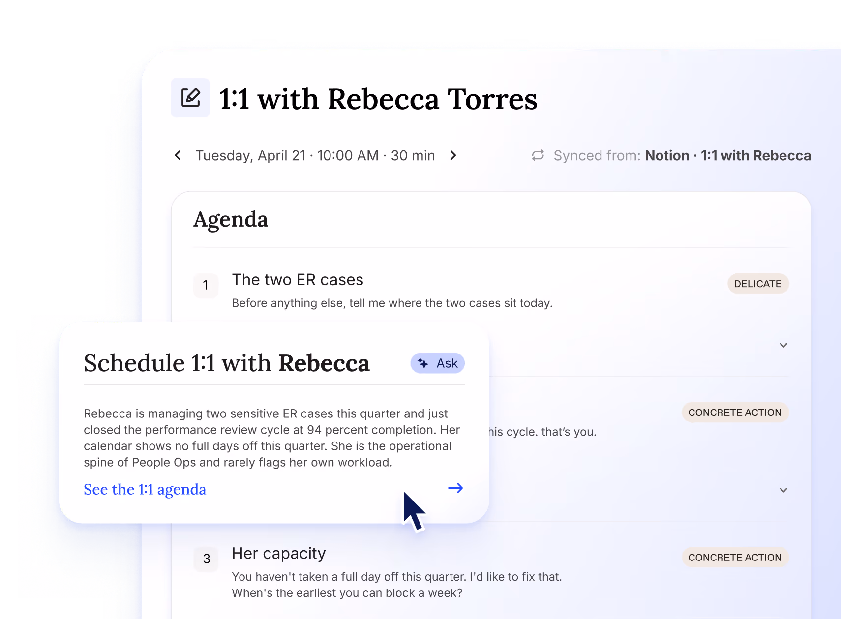 Schedule for 1:1 meeting with Rebecca Torres on April 21 at 10:00 AM for 30 minutes with talking points.
