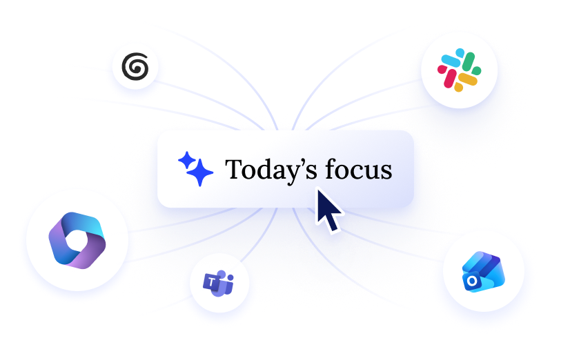 Cursor pointing at 'Today's focus' surrounded by app icons including Slack, Outlook, Teams, and others.