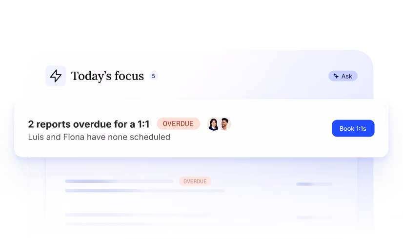 Dashboard showing 2 overdue reports for Luis and Fiona with option to book 1:1 meetings.