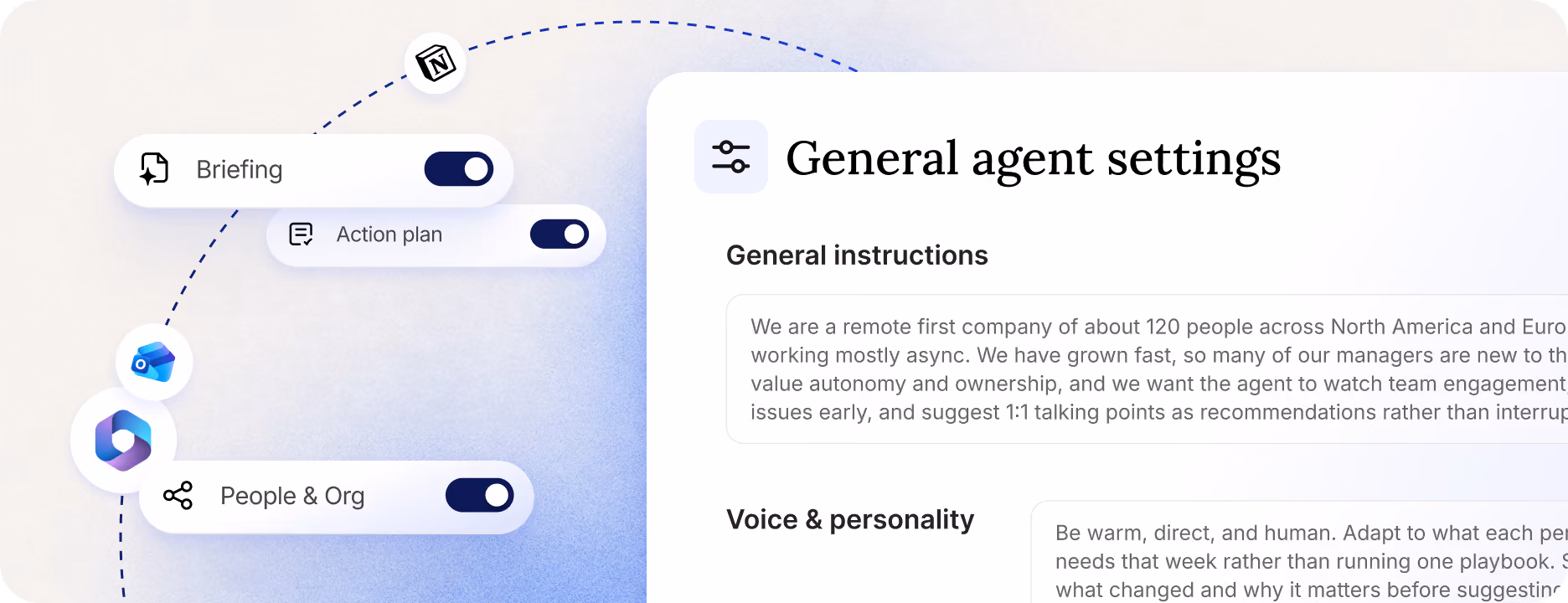 User interface showing a panel titled General agent settings with sections for General instructions and Voice & personality, next to toggle switches labeled Briefing, Action plan, and People & Org connected by dotted lines.