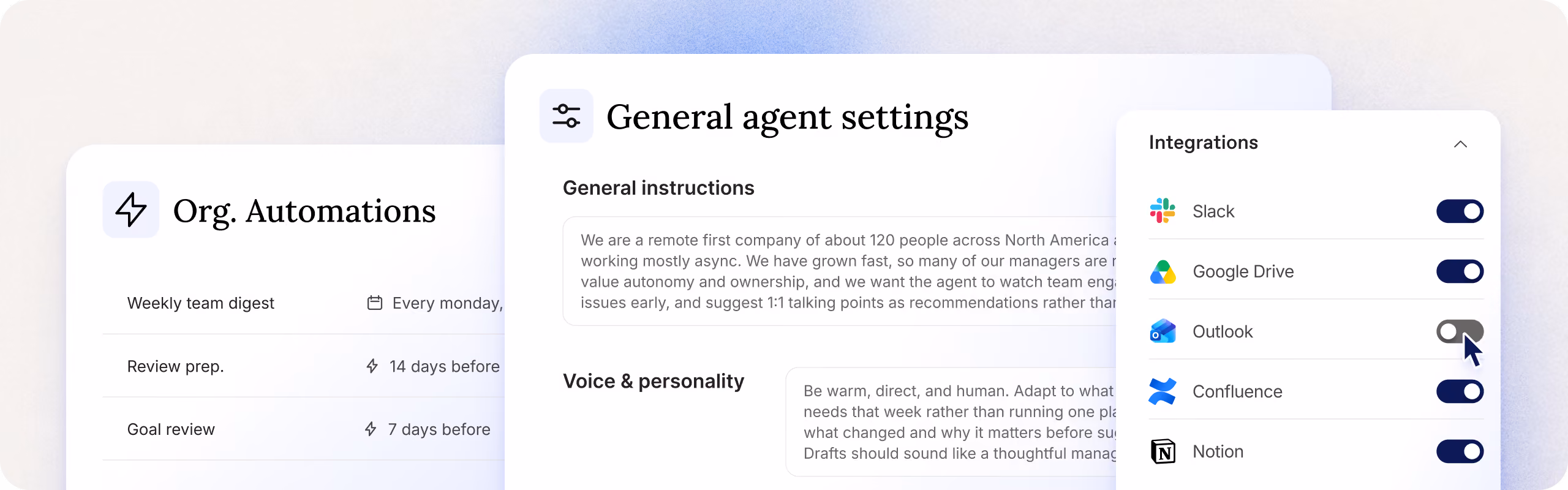 User interface showing Org. Automations settings on the left with tasks like Weekly team digest, Review prep., and Goal review, and a General agent settings panel in the center with text instructions about company communication style. On the right, an Integrations menu lists Slack, Google Drive, Outlook (disabled), Confluence, and Notion with toggle switches for each.
