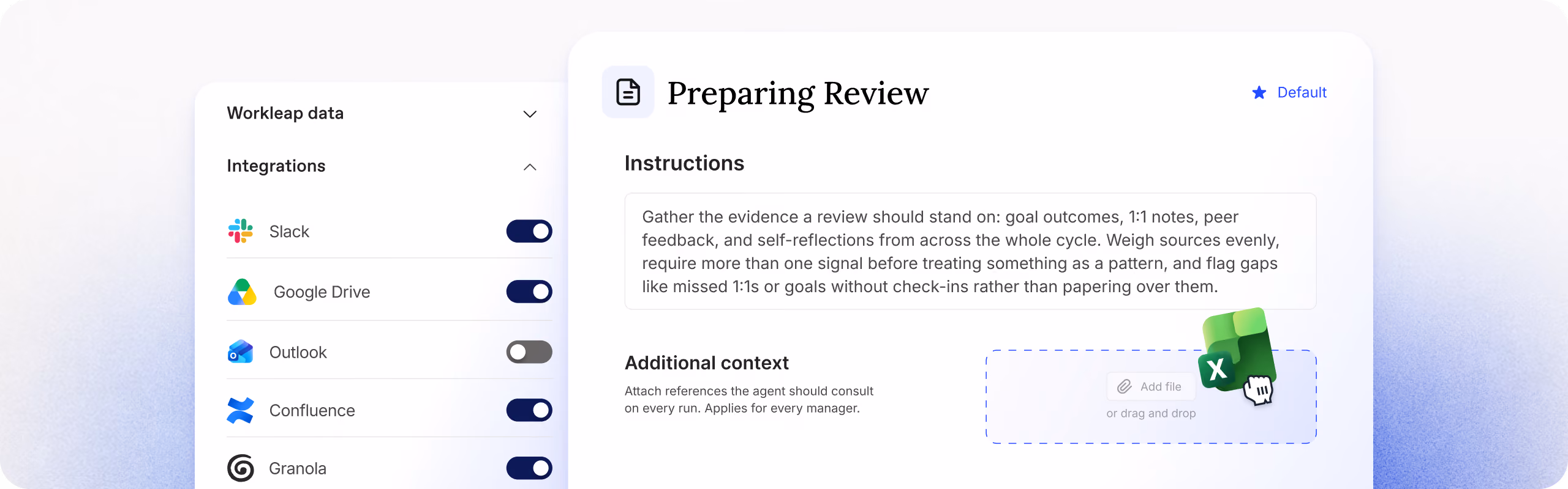 User interface showing a 'Preparing Review' page with instructions to gather evidence from goal outcomes, notes, peer feedback, and self-reflections, emphasizing weighing sources evenly and flagging gaps. On the left, integration toggles for Slack, Google Drive, Outlook, Confluence, and Granola are displayed, with most turned on except Outlook. There is also a drag-and-drop area to add an Excel file for additional context.